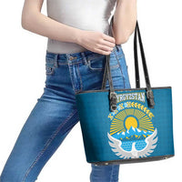 Kyrgyzstan Mountain Sunrise Leather Tote Bag with Blue with Eagle, Sun, and National Flag Design