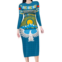 Kyrgyzstan Mountain Sunrise Long Sleeve Bodycon Dress with Blue with Eagle, Sun, and National Flag Design