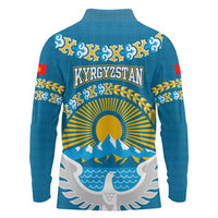 Kyrgyzstan Mountain Sunrise Long Sleeve Polo Shirt with Blue with Eagle, Sun, and National Flag Design