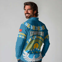 Kyrgyzstan Mountain Sunrise Long Sleeve Polo Shirt with Blue with Eagle, Sun, and National Flag Design