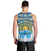 Kyrgyzstan Mountain Sunrise Men Tank Top with Blue with Eagle, Sun, and National Flag Design
