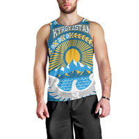 Kyrgyzstan Mountain Sunrise Men Tank Top with Blue with Eagle, Sun, and National Flag Design