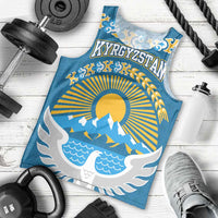 Kyrgyzstan Mountain Sunrise Men Tank Top with Blue with Eagle, Sun, and National Flag Design