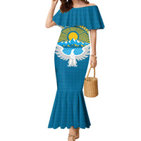 Kyrgyzstan Mountain Sunrise Mermaid Dress with Blue with Eagle, Sun, and National Flag Design