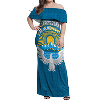 Kyrgyzstan Mountain Sunrise Off Shoulder Maxi Dress with Blue with Eagle, Sun, and National Flag Design