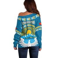 Kyrgyzstan Mountain Sunrise Off Shoulder Sweater with Blue with Eagle, Sun, and National Flag Design