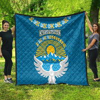 Kyrgyzstan Mountain Sunrise Quilt with Blue with Eagle, Sun, and National Flag Design