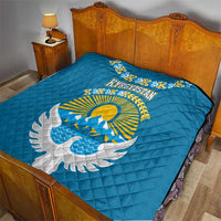 Kyrgyzstan Mountain Sunrise Quilt with Blue with Eagle, Sun, and National Flag Design