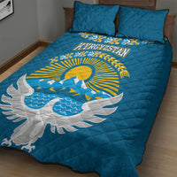Kyrgyzstan Mountain Sunrise Quilt Bed Set with Blue with Eagle, Sun, and National Flag Design