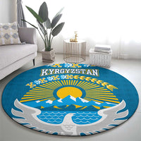 Kyrgyzstan Mountain Sunrise Round Carpet with Blue with Eagle, Sun, and National Flag Design