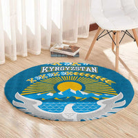 Kyrgyzstan Mountain Sunrise Round Carpet with Blue with Eagle, Sun, and National Flag Design