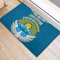 Kyrgyzstan Mountain Sunrise Rubber Doormat with Blue with Eagle, Sun, and National Flag Design