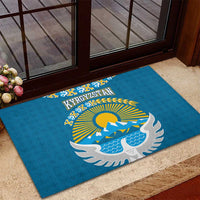 Kyrgyzstan Mountain Sunrise Rubber Doormat with Blue with Eagle, Sun, and National Flag Design