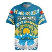 Kyrgyzstan Mountain Sunrise Rugby Jersey with Blue with Eagle, Sun, and National Flag Design