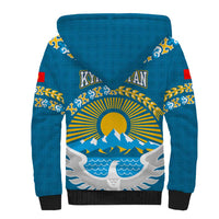 Kyrgyzstan Mountain Sunrise Sherpa Hoodie with Blue with Eagle, Sun, and National Flag Design