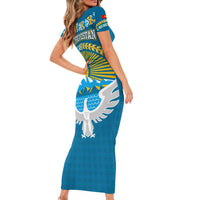 Kyrgyzstan Mountain Sunrise Short Sleeve Bodycon Dress with Blue with Eagle, Sun, and National Flag Design