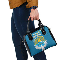 Kyrgyzstan Mountain Sunrise Shoulder Handbag with Blue with Eagle, Sun, and National Flag Design