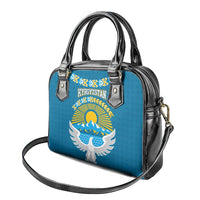 Kyrgyzstan Mountain Sunrise Shoulder Handbag with Blue with Eagle, Sun, and National Flag Design
