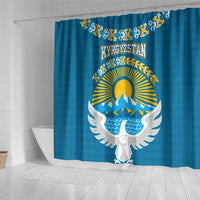 Kyrgyzstan Mountain Sunrise Shower Curtain with Blue with Eagle, Sun, and National Flag Design