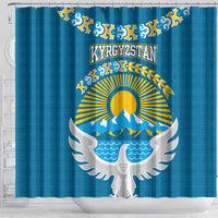 Kyrgyzstan Mountain Sunrise Shower Curtain with Blue with Eagle, Sun, and National Flag Design