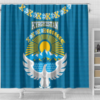Kyrgyzstan Mountain Sunrise Shower Curtain with Blue with Eagle, Sun, and National Flag Design
