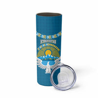 Kyrgyzstan Mountain Sunrise Skinny Tumbler with Blue with Eagle, Sun, and National Flag Design