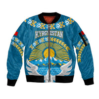 Kyrgyzstan Mountain Sunrise Sleeve Zip Bomber Jacket with Blue with Eagle, Sun, and National Flag Design