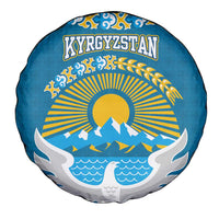 Kyrgyzstan Mountain Sunrise Spare Tire Cover with Blue with Eagle, Sun, and National Flag Design