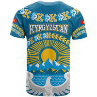 Kyrgyzstan Mountain Sunrise T Shirt with Blue with Eagle, Sun, and National Flag Design