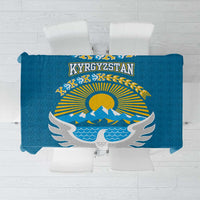 Kyrgyzstan Mountain Sunrise Tablecloth with Blue with Eagle, Sun, and National Flag Design