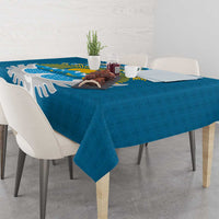 Kyrgyzstan Mountain Sunrise Tablecloth with Blue with Eagle, Sun, and National Flag Design