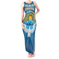 Kyrgyzstan Mountain Sunrise Tank Maxi Dress with Blue with Eagle, Sun, and National Flag Design