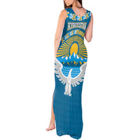 Kyrgyzstan Mountain Sunrise Tank Maxi Dress with Blue with Eagle, Sun, and National Flag Design