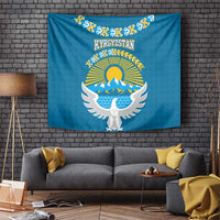 Kyrgyzstan Mountain Sunrise Tapestry with Blue with Eagle, Sun, and National Flag Design