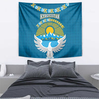 Kyrgyzstan Mountain Sunrise Tapestry with Blue with Eagle, Sun, and National Flag Design