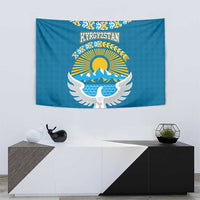 Kyrgyzstan Mountain Sunrise Tapestry with Blue with Eagle, Sun, and National Flag Design