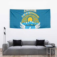 Kyrgyzstan Mountain Sunrise Tapestry with Blue with Eagle, Sun, and National Flag Design