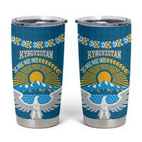 Kyrgyzstan Mountain Sunrise Tumbler Cup with Blue with Eagle, Sun, and National Flag Design