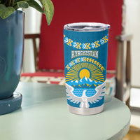 Kyrgyzstan Mountain Sunrise Tumbler Cup with Blue with Eagle, Sun, and National Flag Design