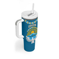 Kyrgyzstan Mountain Sunrise Tumbler With Handle with Blue with Eagle, Sun, and National Flag Design