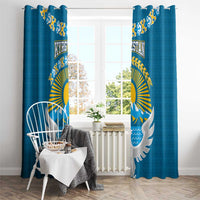 Kyrgyzstan Mountain Sunrise Window Curtain with Blue with Eagle, Sun, and National Flag Design