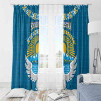 Kyrgyzstan Mountain Sunrise Window Curtain with Blue with Eagle, Sun, and National Flag Design