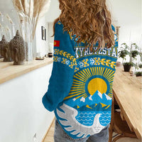 Kyrgyzstan Mountain Sunrise Women Casual Shirt with Blue with Eagle, Sun, and National Flag Design