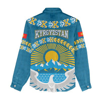 Kyrgyzstan Mountain Sunrise Women Casual Shirt with Blue with Eagle, Sun, and National Flag Design