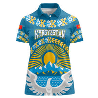 Kyrgyzstan Mountain Sunrise Women Polo Shirt with Blue with Eagle, Sun, and National Flag Design