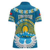 Kyrgyzstan Mountain Sunrise Women Polo Shirt with Blue with Eagle, Sun, and National Flag Design
