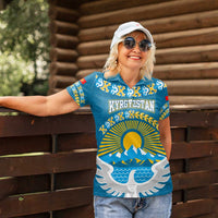 Kyrgyzstan Mountain Sunrise Women Polo Shirt with Blue with Eagle, Sun, and National Flag Design