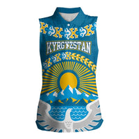 Kyrgyzstan Mountain Sunrise Women Sleeveless Polo Shirt with Blue with Eagle, Sun, and National Flag Design