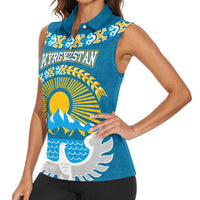 Kyrgyzstan Mountain Sunrise Women Sleeveless Polo Shirt with Blue with Eagle, Sun, and National Flag Design