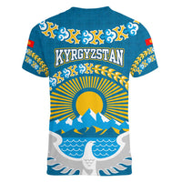 Kyrgyzstan Mountain Sunrise Women V-Neck T-Shirt with Blue with Eagle, Sun, and National Flag Design